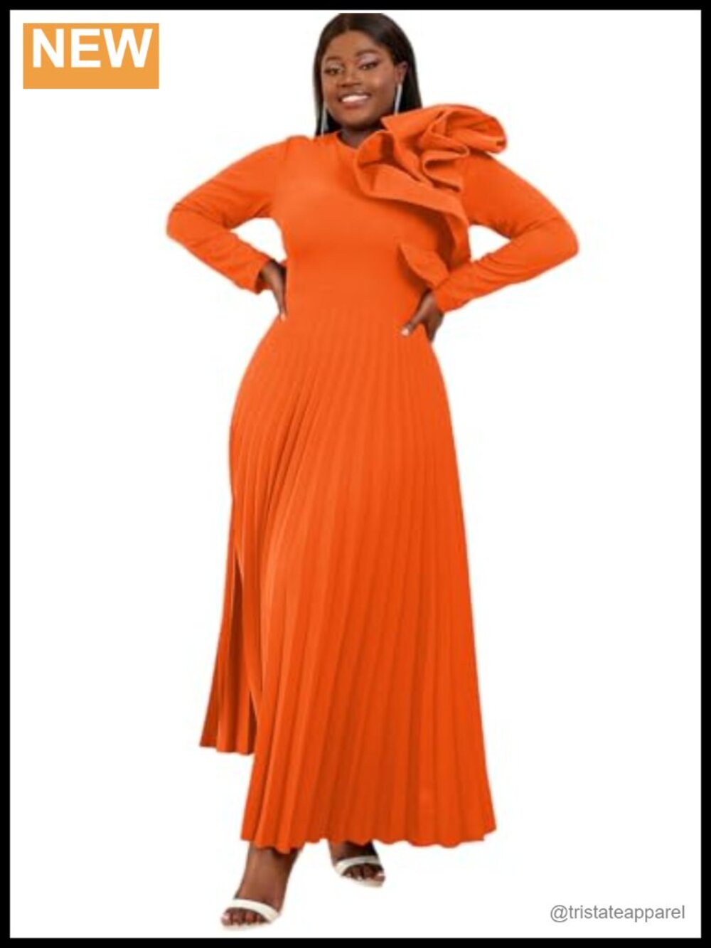 Long Sleeve Asymmetrical Ruffles Pleated A-Line Maxi Dress